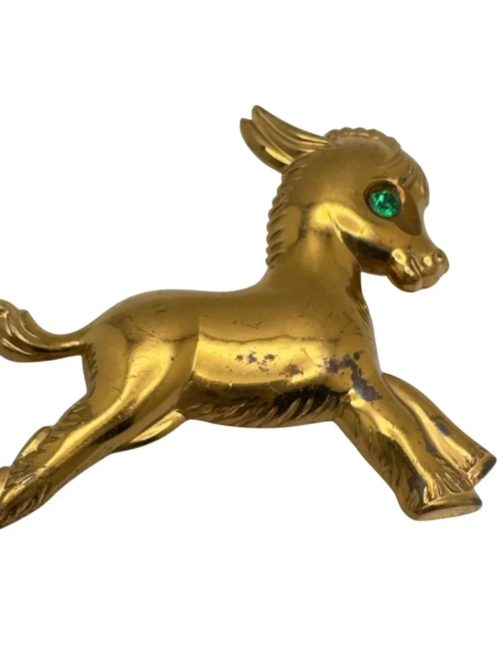 Vtg Gold Tone Donkey Brooch Green Rhinestone Eye Pressed Metal Pin 1 3/8
